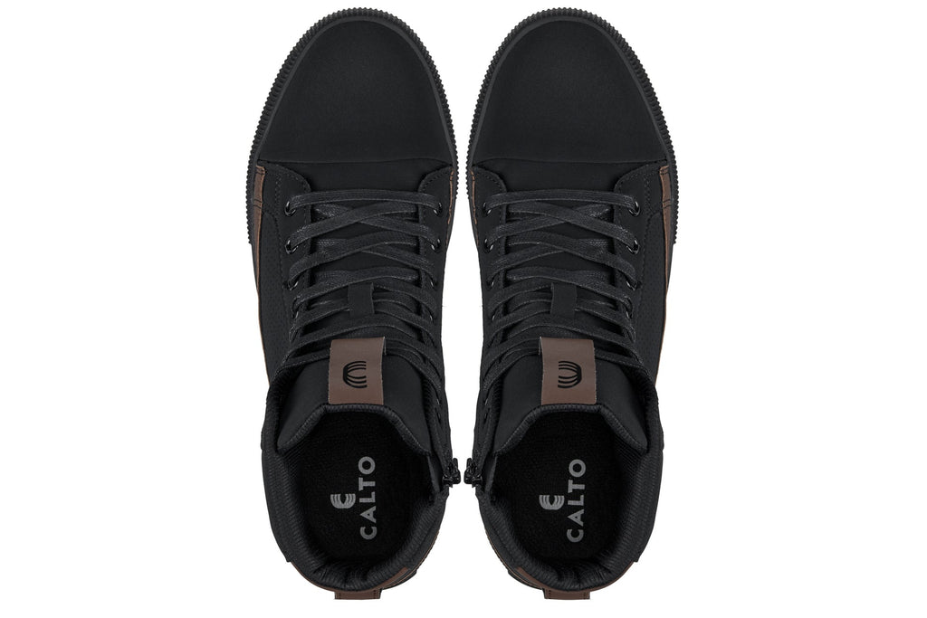 CALTO - S3422 - 2.4 Inches Taller (Black/Coffee Brown) - Cap Toe High Top Zip-Up Sneaker Boots
