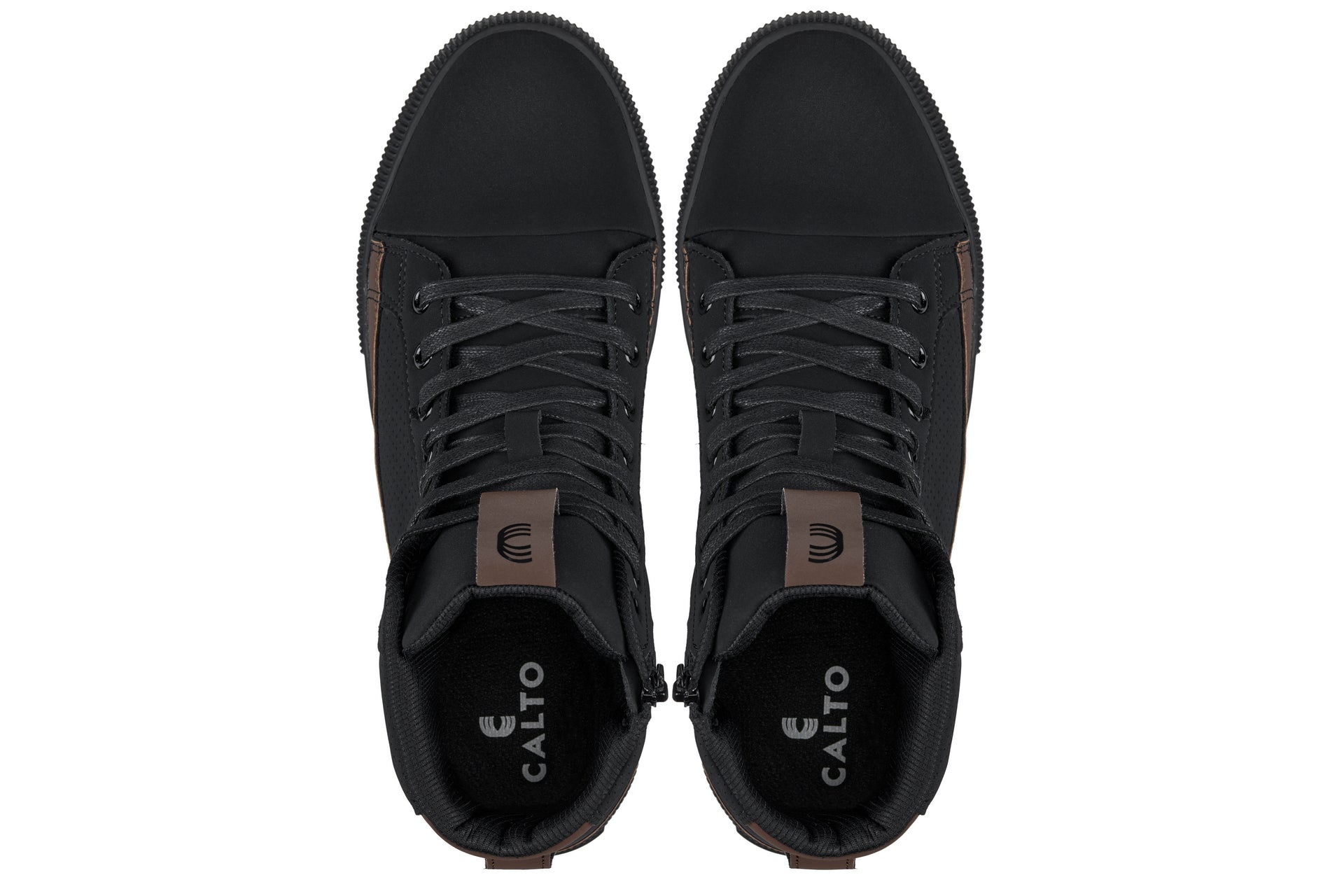 CALTO - S3422 - 2.4 Inches Taller (Black/Coffee Brown) - Cap Toe High Top Zip-Up Sneaker Boots