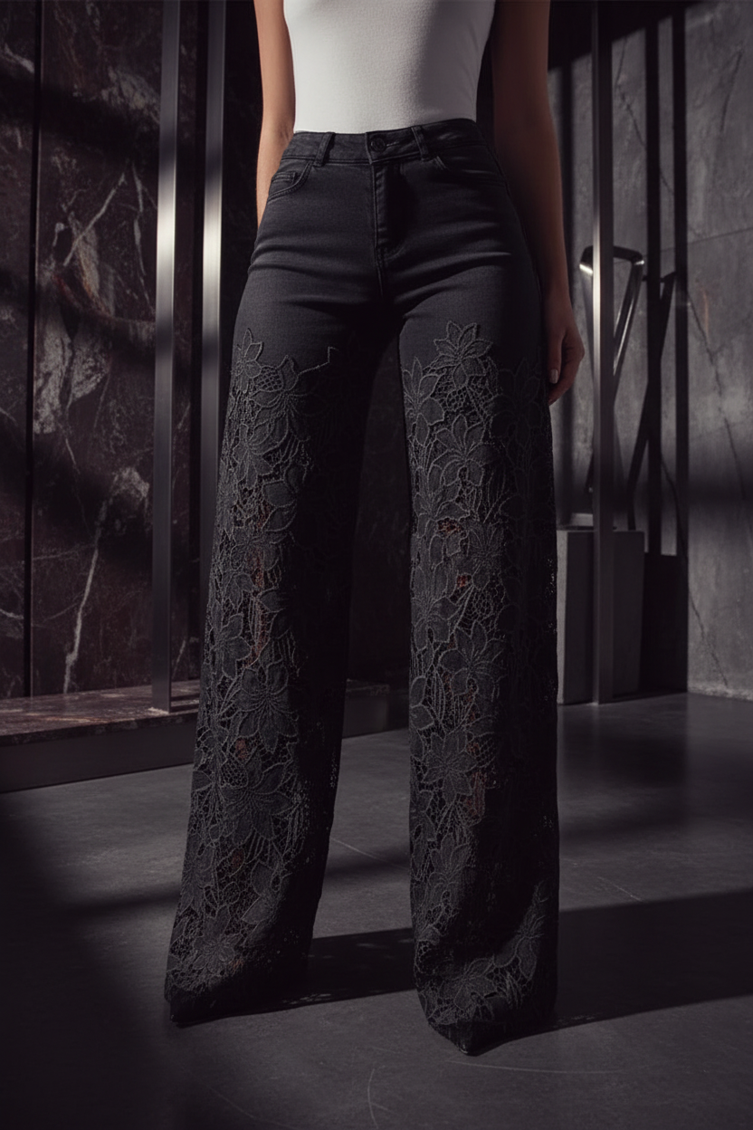 High-Waist Lace Splice Jeans - Wide Leg Stretch Denim