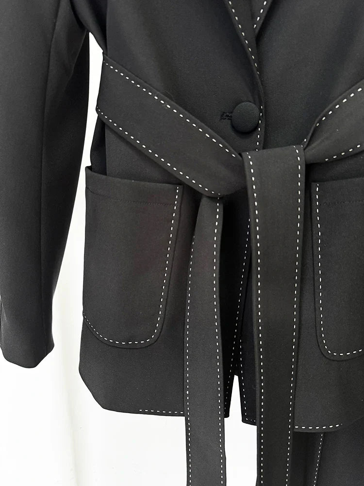 HIGH STREET Newest Fashion 2026 Suit Set Women's Contrast Stitching Belted Blazer Pants Suit 2pcs