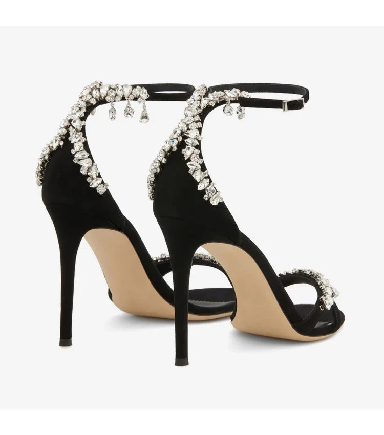 Black High Heels, Women's Stiletto Buckle Rhinestone Open Toe Round Toe Sandals