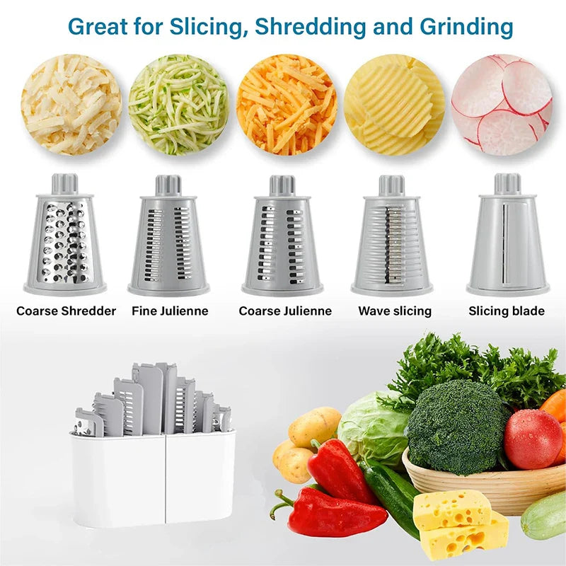 5-in-1 Rotary Cheese Grater & Kitchen Vegetable Slicer - Mandoline Julienne, Waffle Cutter & Nut Chopper