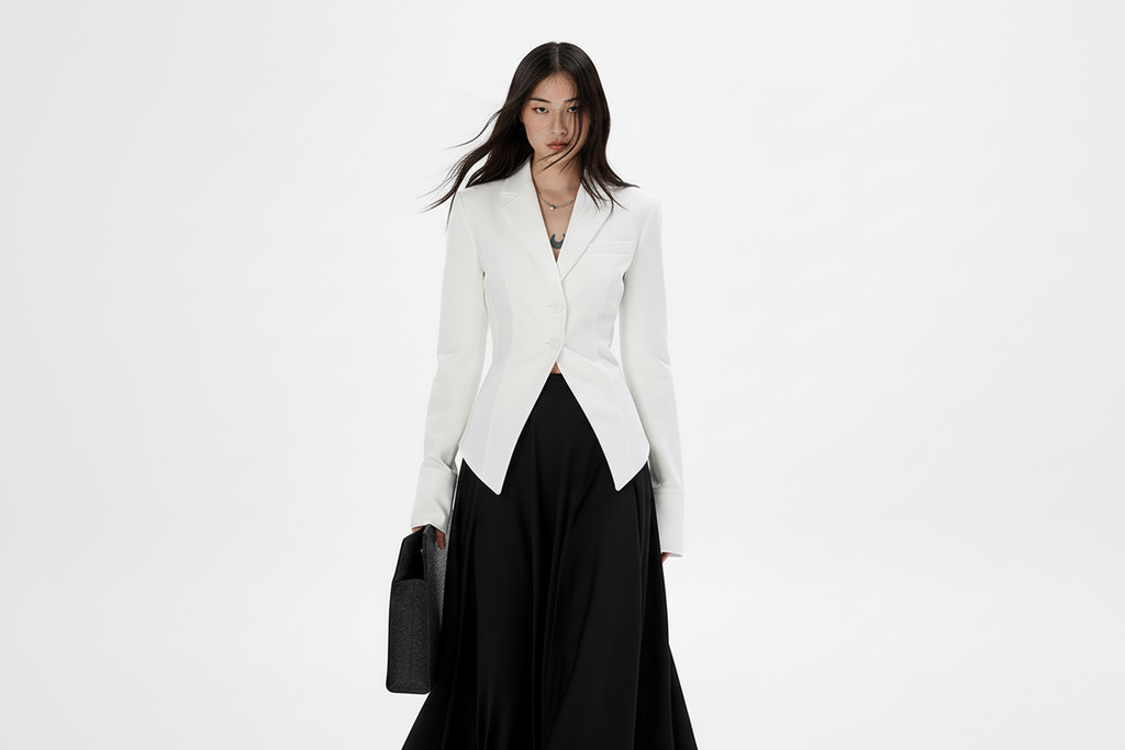 Minimalist White Shirt - Women's Long Flare Sleeve Button-Up Blouse