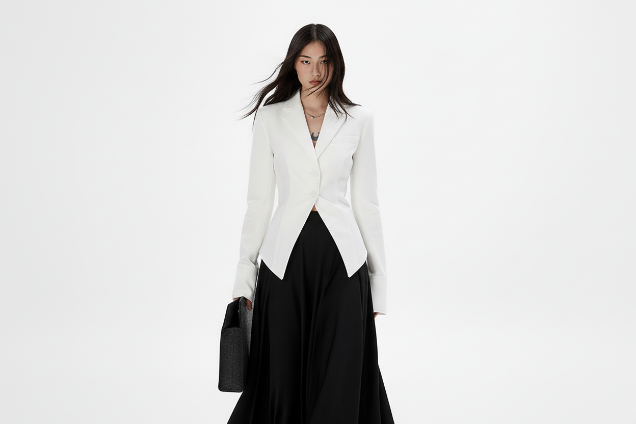 Minimalist White Shirt - Women's Long Flare Sleeve Button-Up Blouse