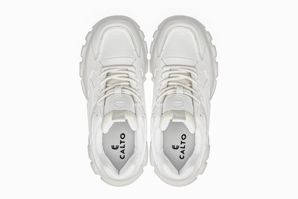 CALTO - S5285 - 2.6 Inches Taller (White/Translucent White Sole) - Chunky Sole Sporty Sneakers