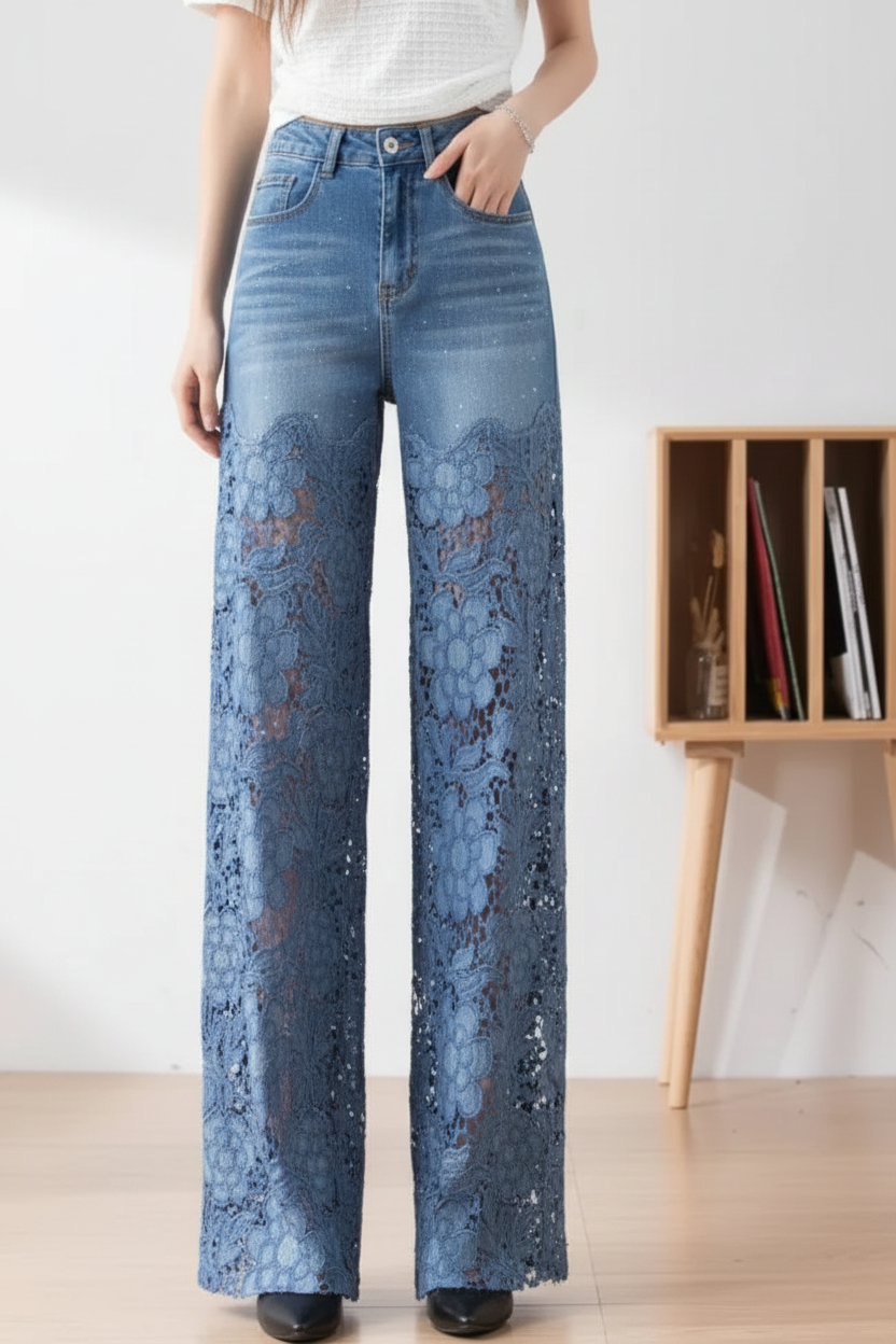High-Waist Lace Patchwork Jeans - Loose Fit Casual Pants