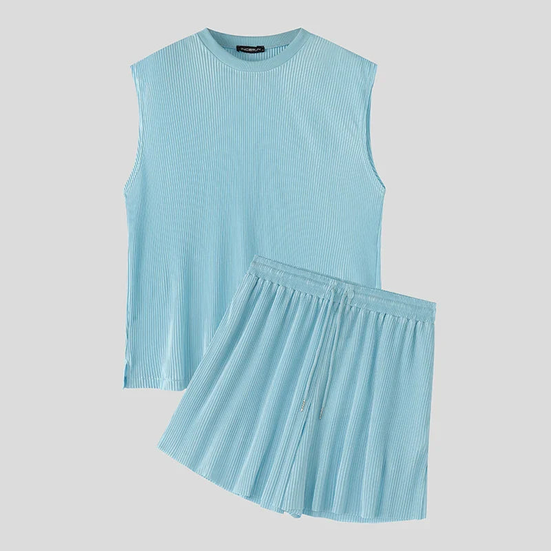 Men's Summer Pleated Sleeveless Tank Beach Set