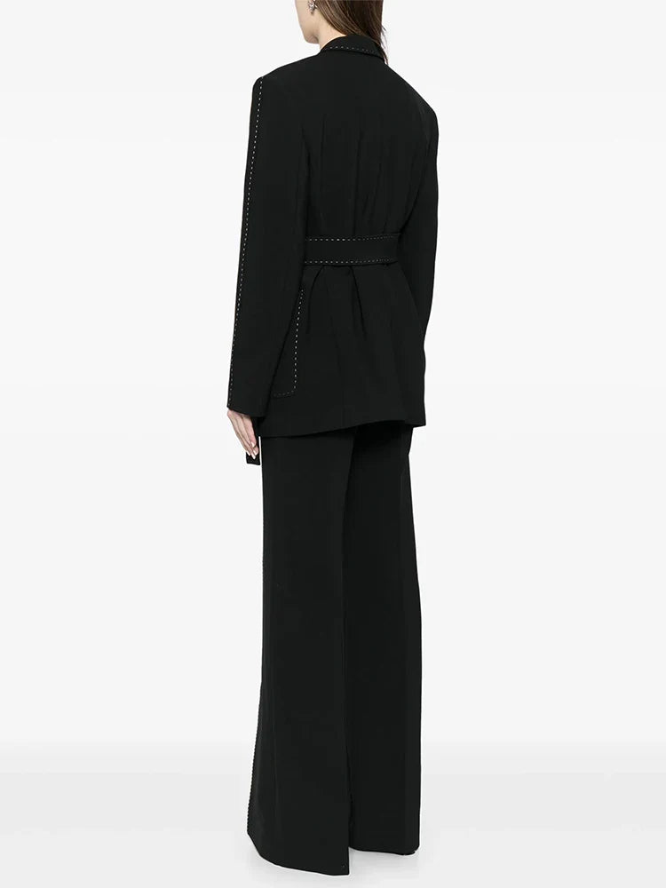 HIGH STREET Newest Fashion 2026 Suit Set Women's Contrast Stitching Belted Blazer Pants Suit 2pcs