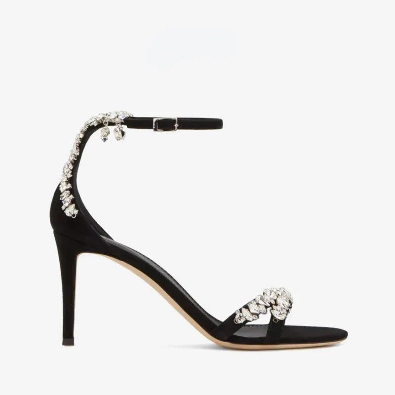 Black High Heels, Women's Stiletto Buckle Rhinestone Open Toe Round Toe Sandals