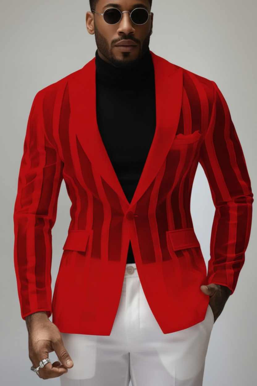 See-through Striped Suit Long Sleeve Men's Blazer (Black White Red)