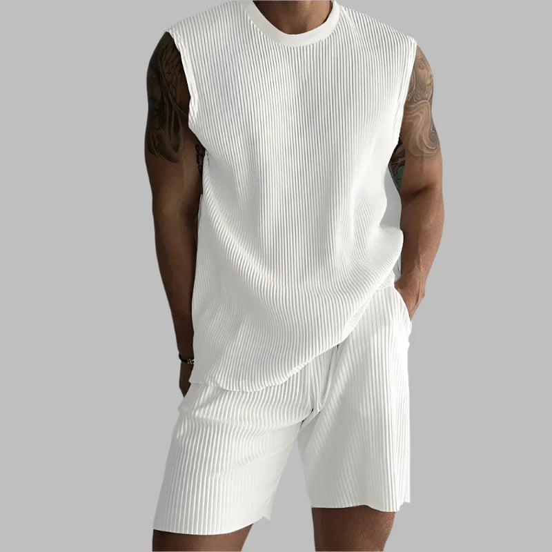 Men's Summer Pleated Sleeveless Tank Beach Set