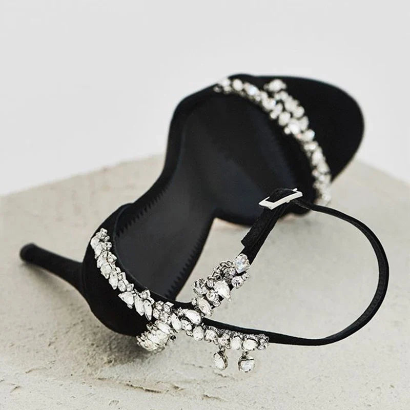 Black High Heels, Women's Stiletto Buckle Rhinestone Open Toe Round Toe Sandals