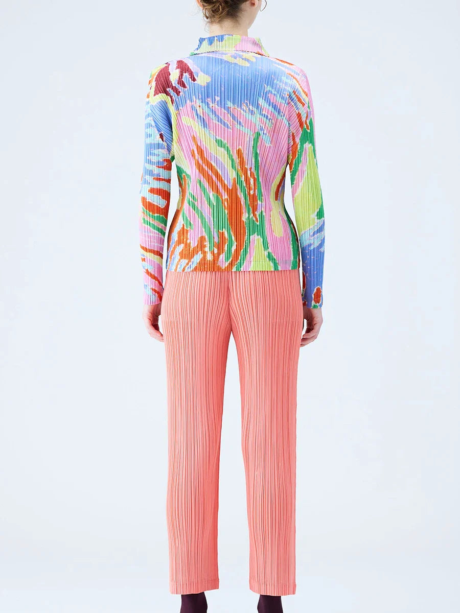 Women's Pleated Print Long Sleeve Polo Shirt