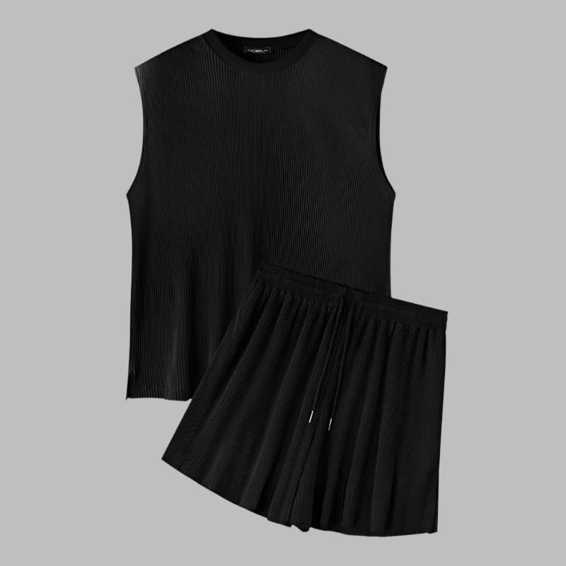 Men's Summer Pleated Sleeveless Tank Beach Set
