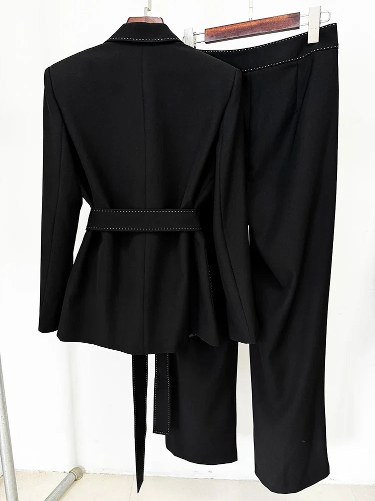 HIGH STREET Newest Fashion 2026 Suit Set Women's Contrast Stitching Belted Blazer Pants Suit 2pcs