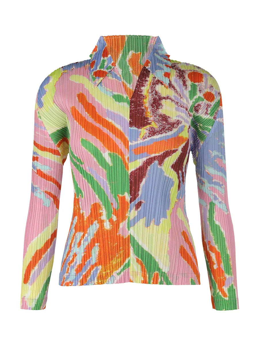 Women's Pleated Print Long Sleeve Polo Shirt