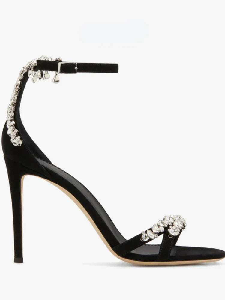 Black High Heels, Women's Stiletto Buckle Rhinestone Open Toe Round Toe Sandals
