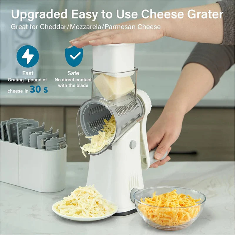 5-in-1 Rotary Cheese Grater & Kitchen Vegetable Slicer - Mandoline Julienne, Waffle Cutter & Nut Chopper