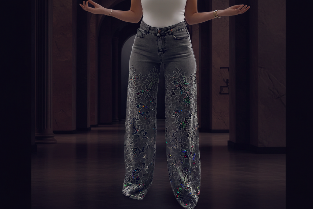 High-Waist Lace Splice Jeans - Wide Leg Stretch Denim