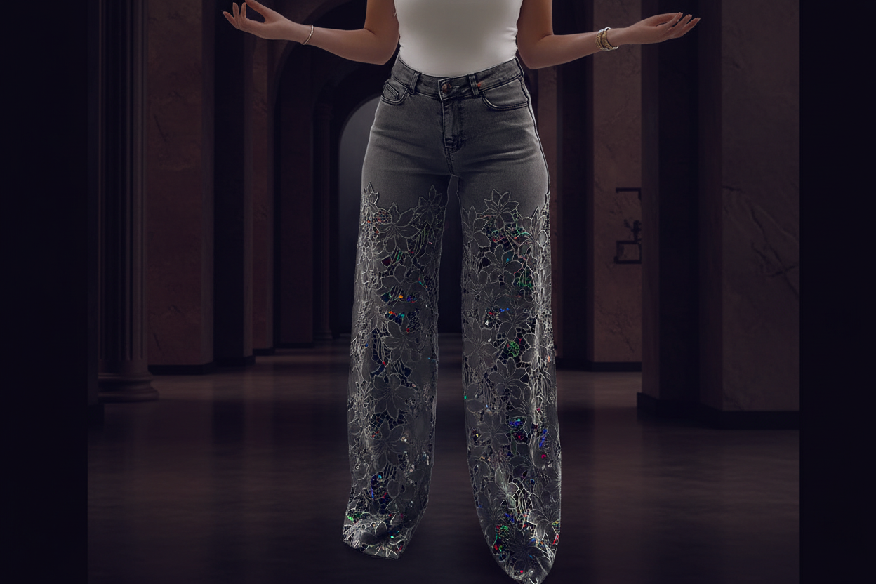 High-Waist Lace Splice Jeans - Wide Leg Stretch Denim