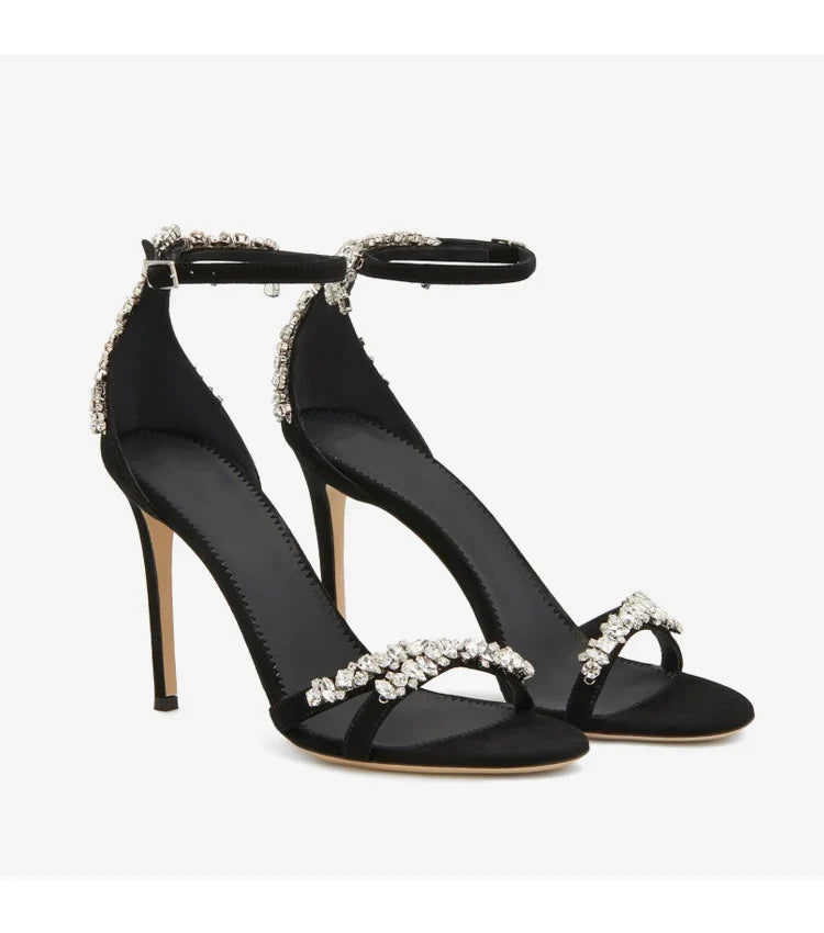 Black High Heels, Women's Stiletto Buckle Rhinestone Open Toe Round Toe Sandals