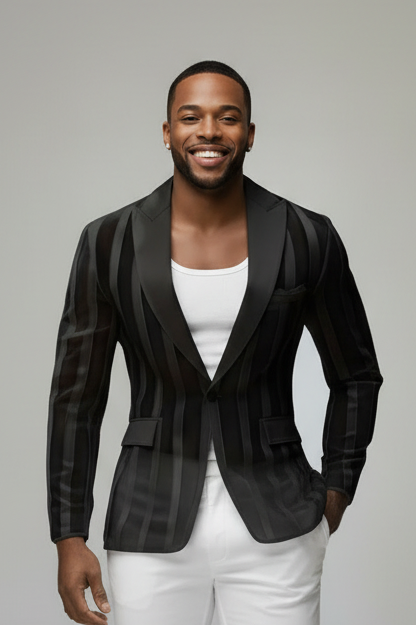 See-through Striped Suit Long Sleeve Men's Blazer (Black White Red)