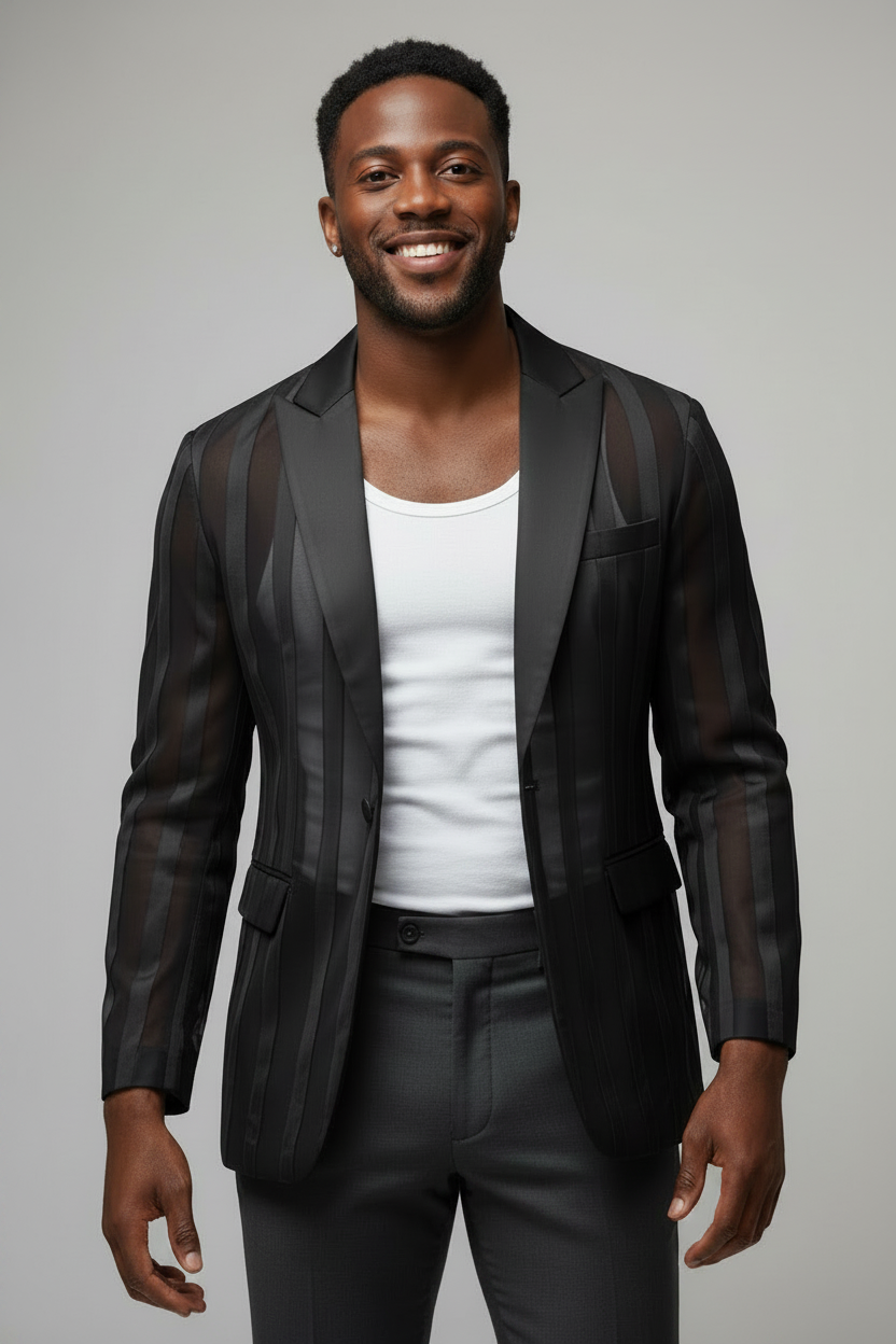 See-through Striped Suit Long Sleeve Men's Blazer (Black White Red)