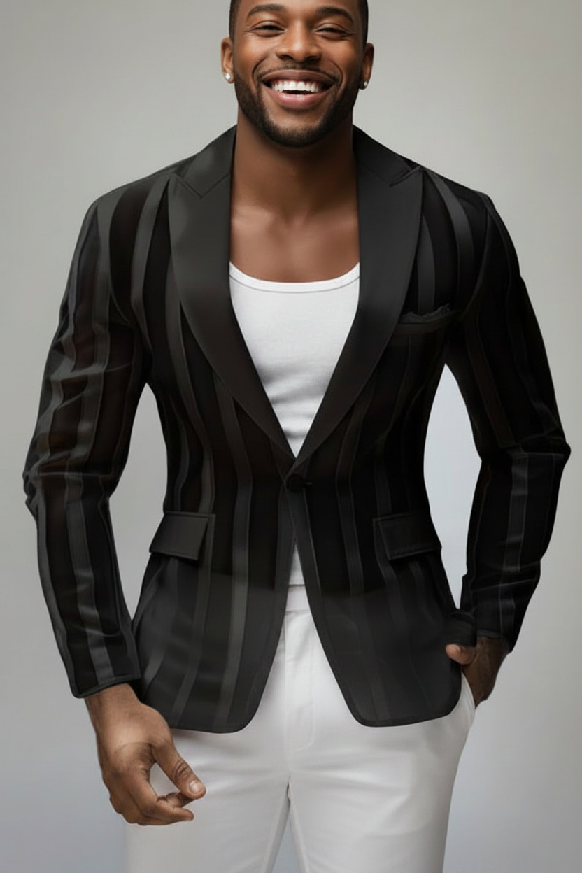 See-through Striped Suit Long Sleeve Men's Blazer (Black White Red)