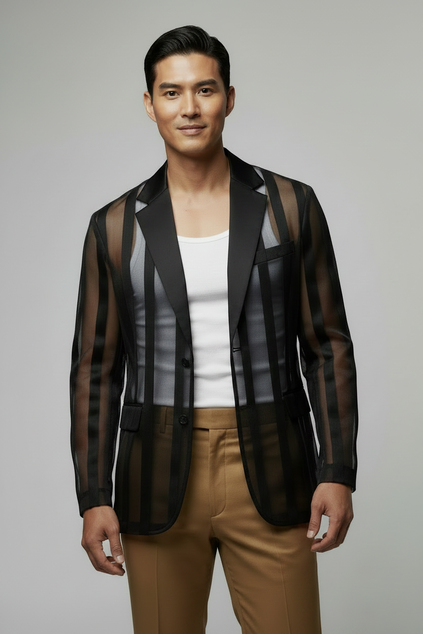 See-through Striped Suit Long Sleeve Men's Blazer (Black White Red)