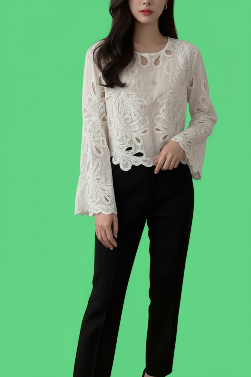 Embroidered Knit Blouse - Long Sleeve Round Neck Top