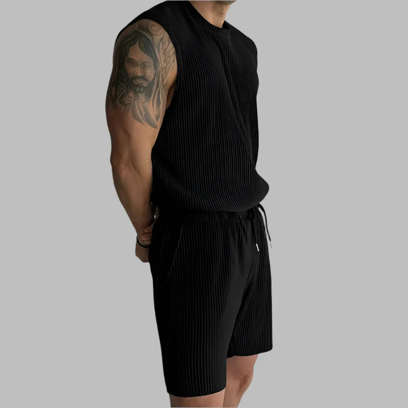 Men's Summer Pleated Sleeveless Tank Beach Set