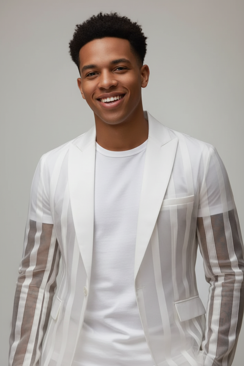 See-through Striped Suit Long Sleeve Men's Blazer (Black White Red)
