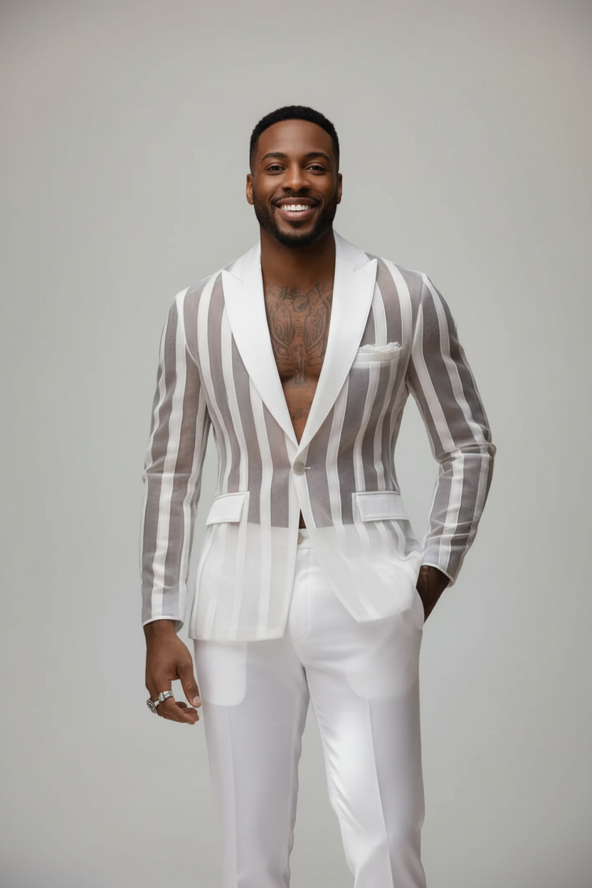 See-through Striped Suit Long Sleeve Men's Blazer (Black White Red)
