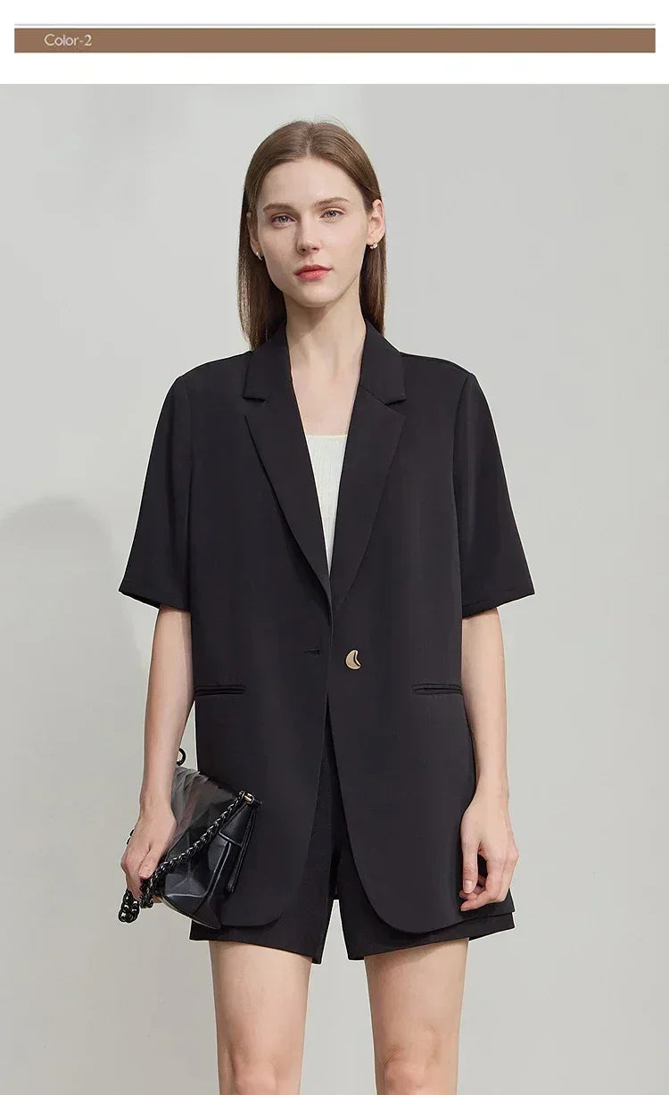 Amii Women's Top: Summer One-Button Short-Sleeve Blazer