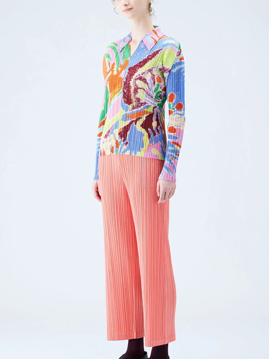 Women's Pleated Print Long Sleeve Polo Shirt