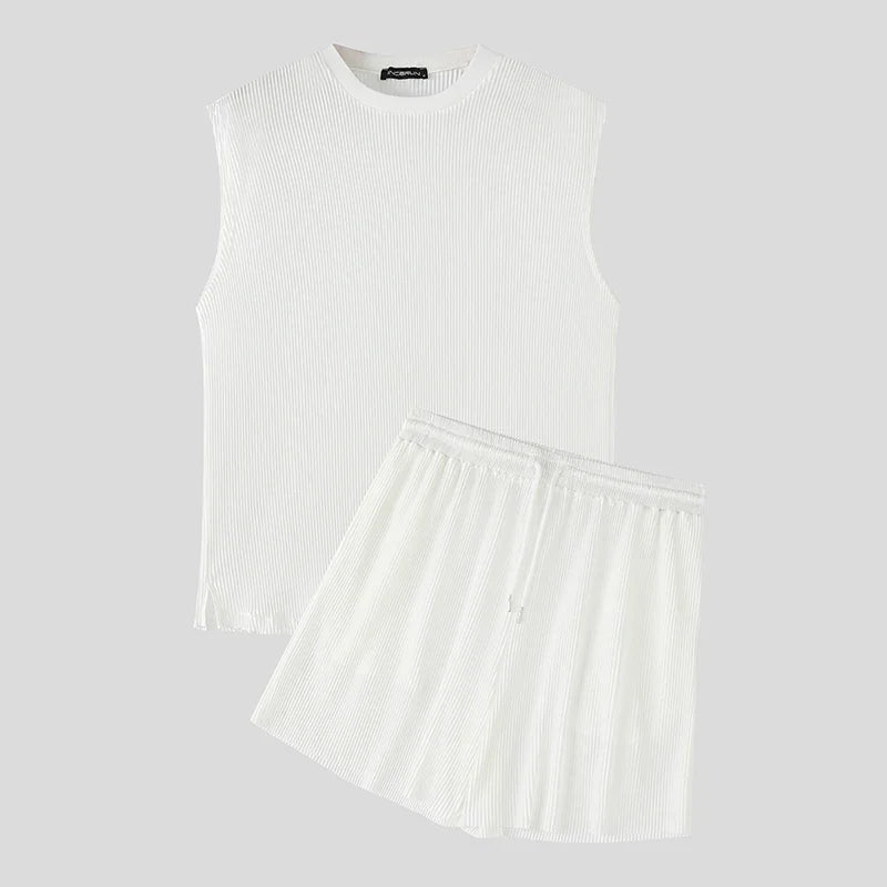Men's Summer Pleated Sleeveless Tank Beach Set