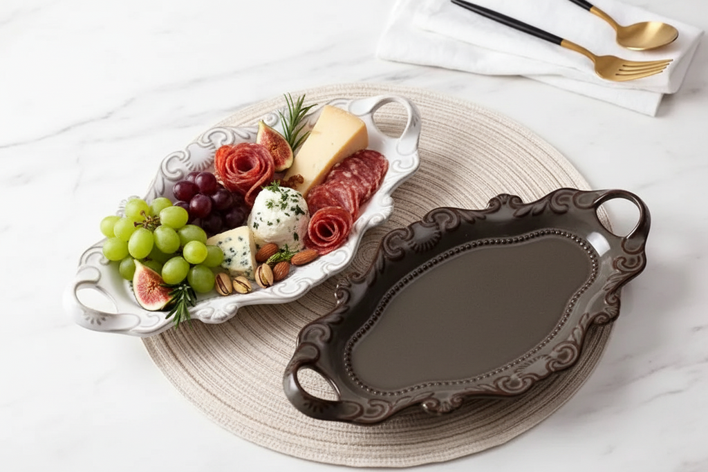 Embossed Ceramic Serving Platter - 12 inch Oval Tray