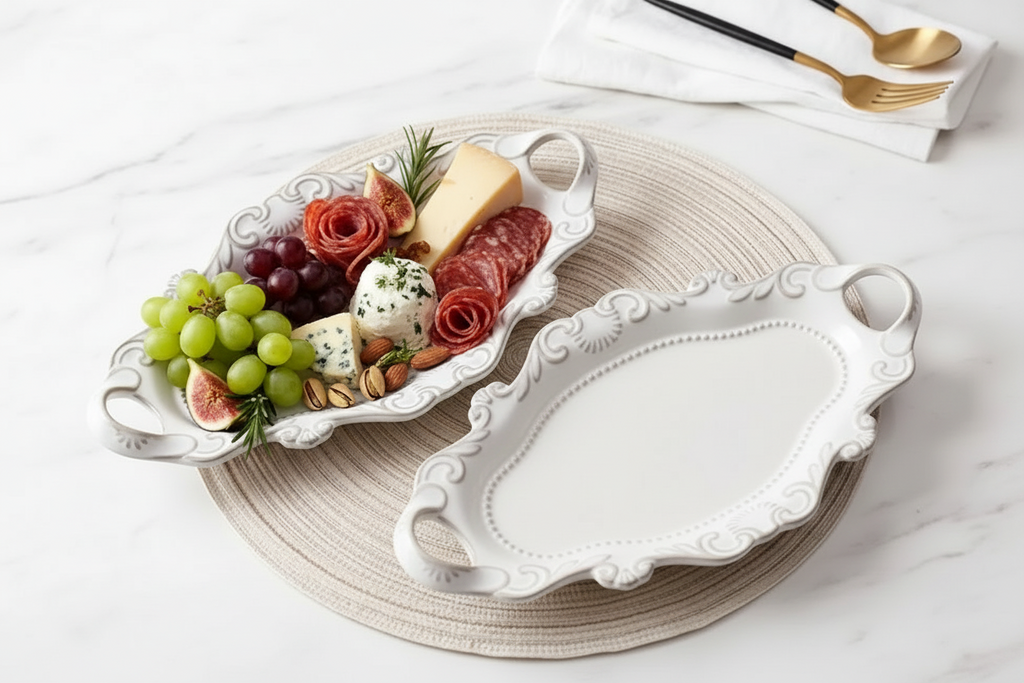 Embossed Ceramic Serving Platter - 12 inch Oval Tray