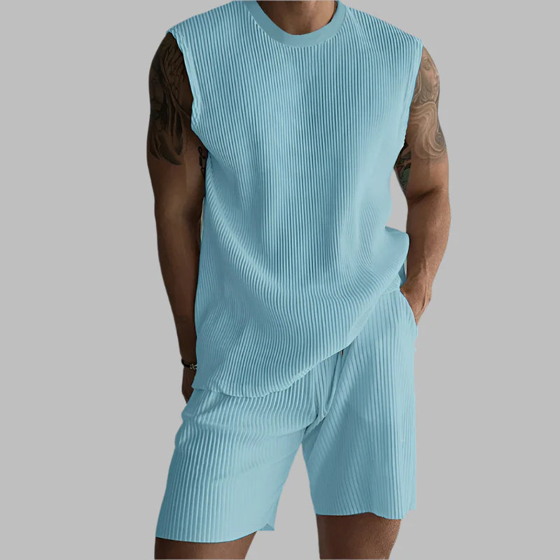 Men's Summer Pleated Sleeveless Tank Beach Set