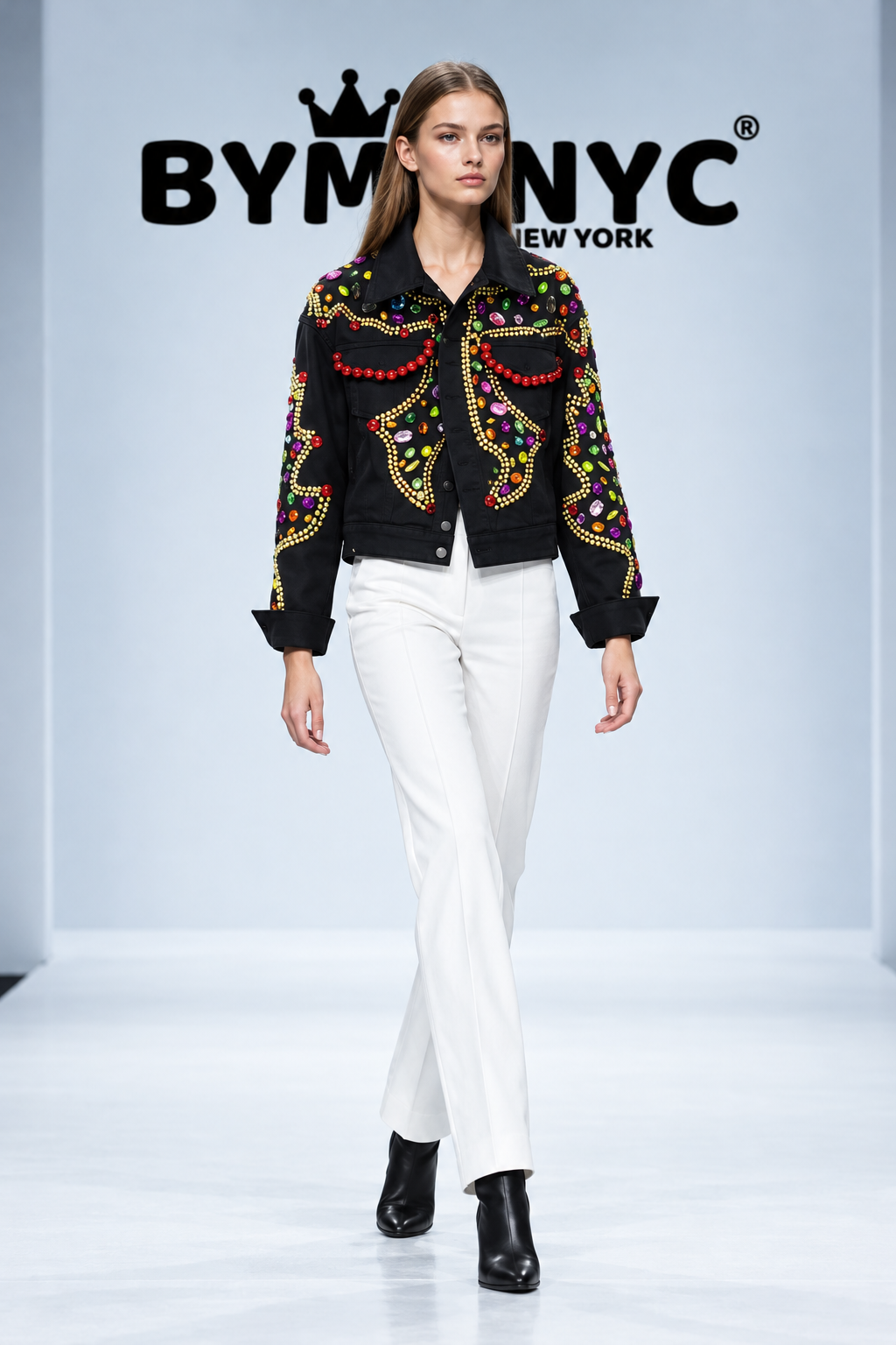 BYMANYC Women's Beaded Jewel Black Denim Jacket