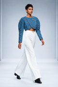 BYMANYC Women's Gold-Studded Cropped Blue Denim Jacket