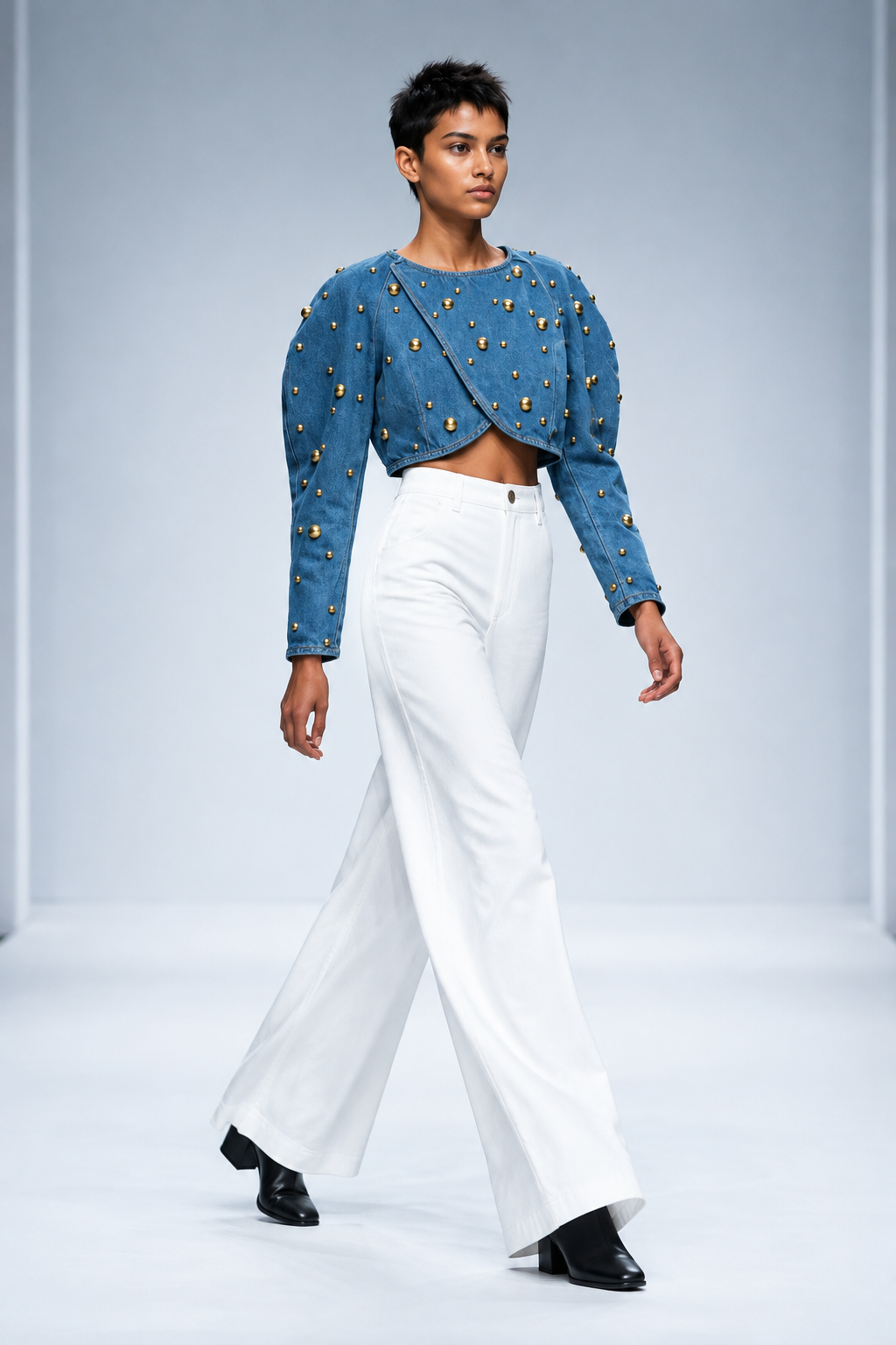 BYMANYC Women's Gold-Studded Cropped Blue Denim Jacket