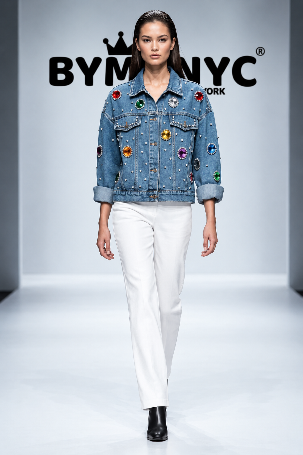 BYMANYC Women's Oversized Jewel & Pearl Blue Denim Jacket