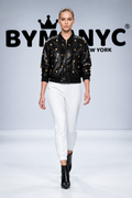 BYMANYC Women's Gold-Studded Black Leather Bomber Jacket