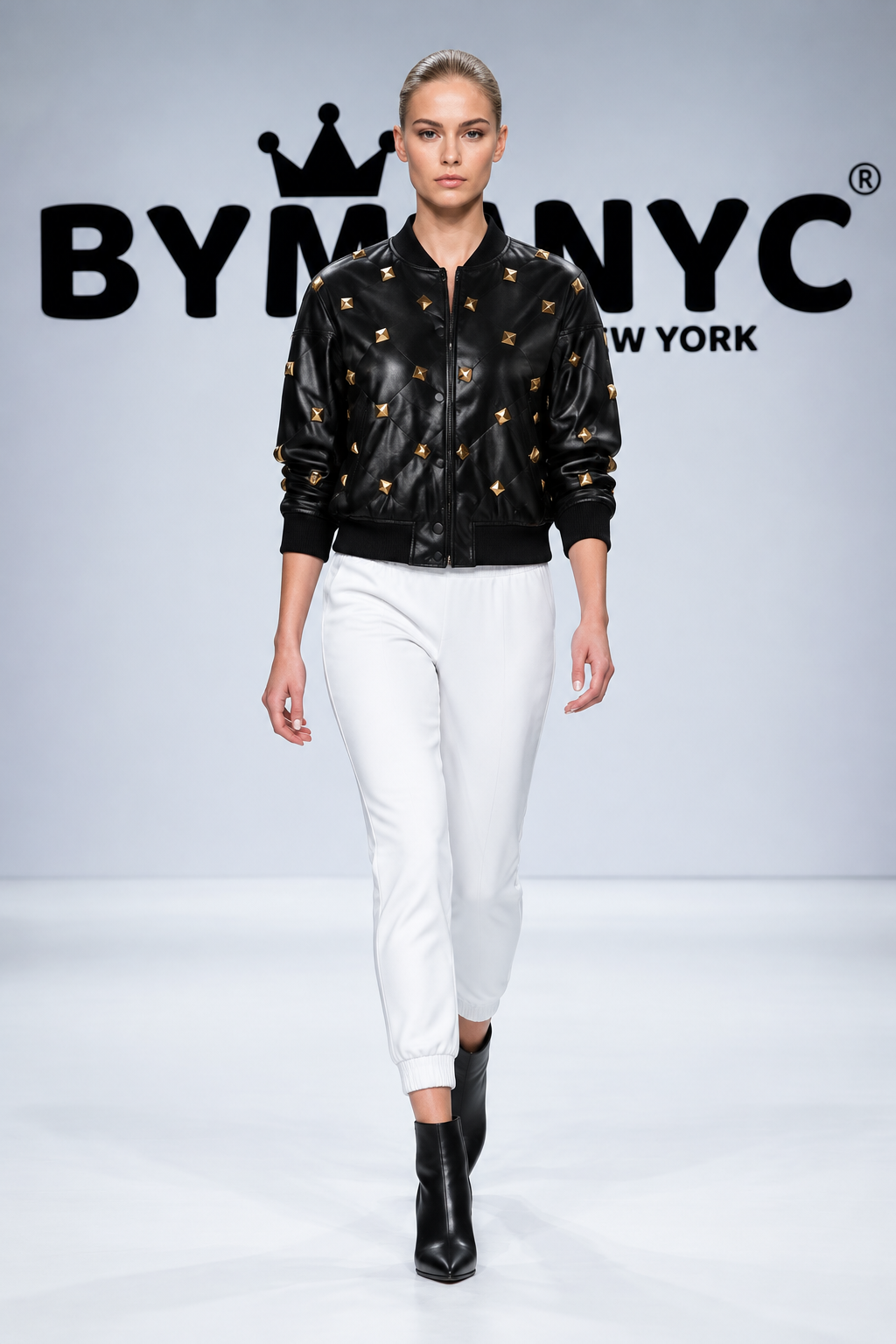 BYMANYC Women's Gold-Studded Black Leather Bomber Jacket