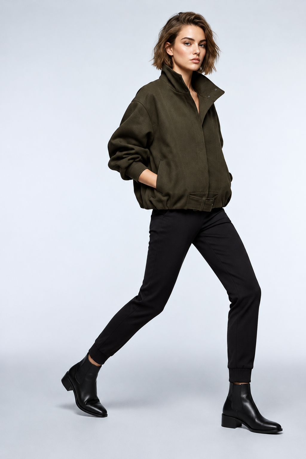 BYMANYC Women's Soho Dark Olive Belted Wool-Blend High-Collar Bomber Jacket