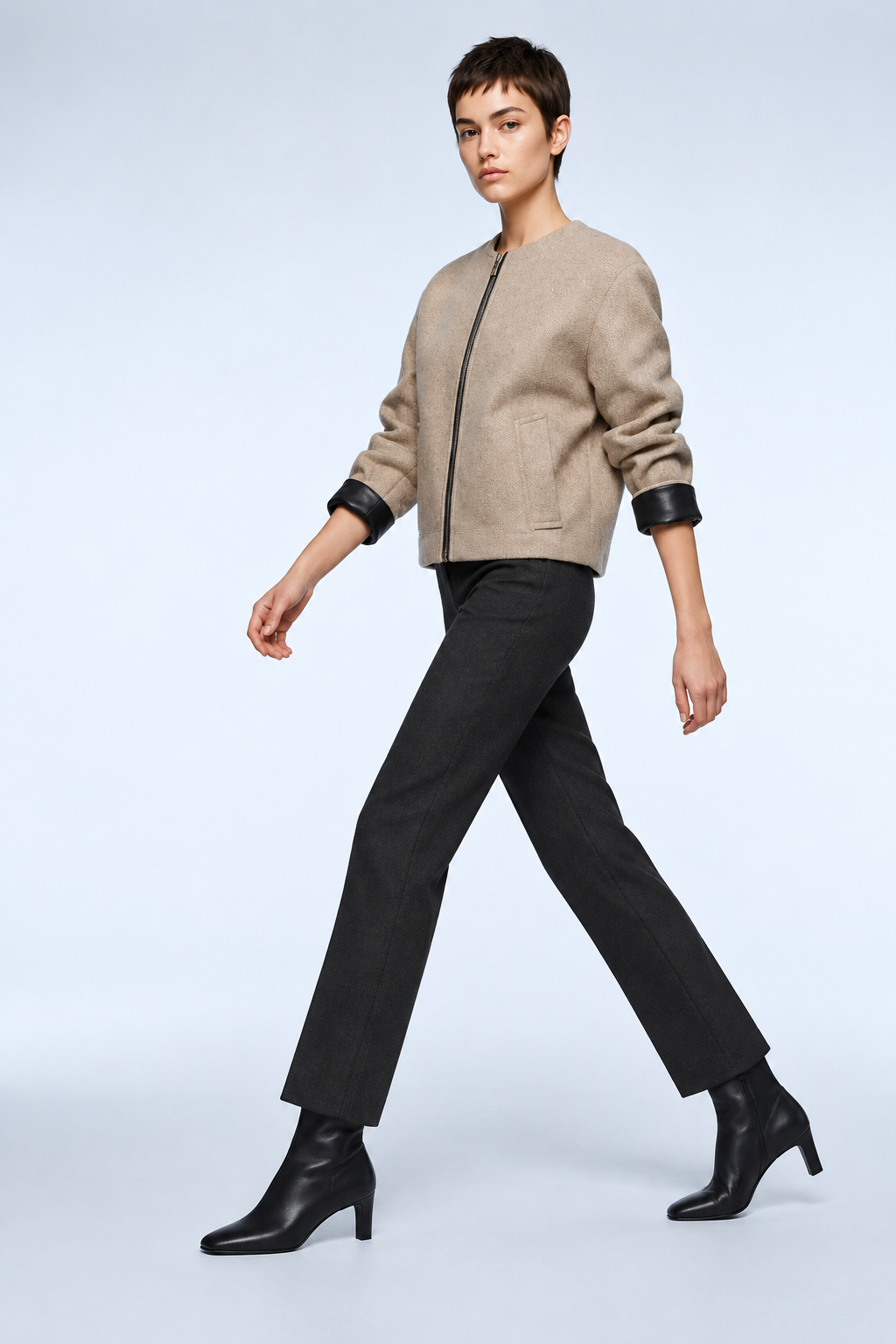 BYMANYC Women's Soho Taupe Wool-Blend Collarless Jacket with Leather Trim