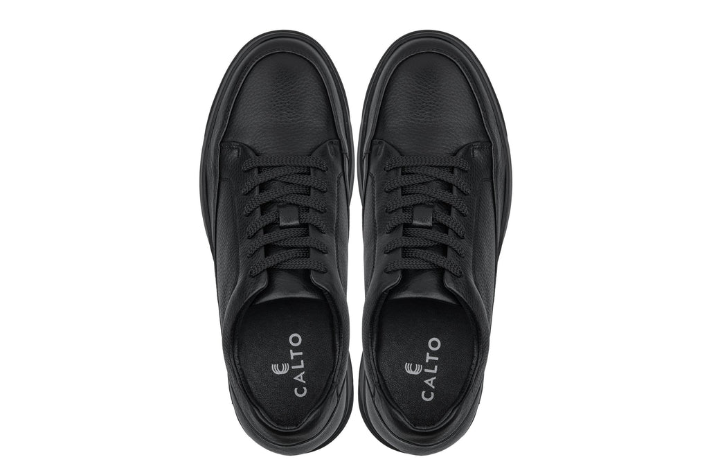 CALTO - Y7111 - 2.6 Inches Taller (Black) - Elevated Pebble Grain Leather Sneakers