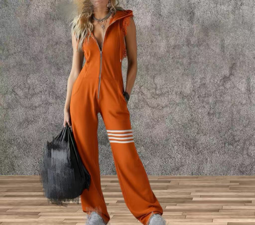 Women's Sporty Retro Striped Sleeveless Hooded Jumpsuit – Wide Flare Leg