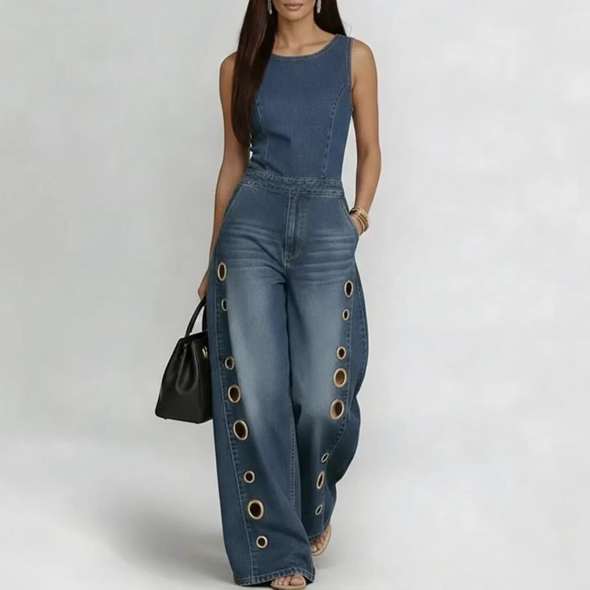 Women’s High-Waisted Sleeveless Denim Jumpsuit